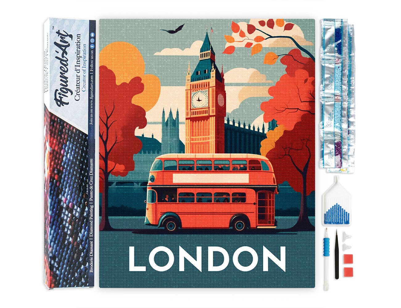 Kit de punto diamante Figured’Art Póster de Londres 40x50 cm con diamantes cuadrados y lienzo adhesivo completo.