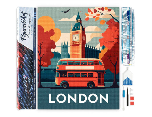 Kit de punto diamante Figured’Art Póster de Londres 40x50 cm con diamantes cuadrados y lienzo adhesivo completo.