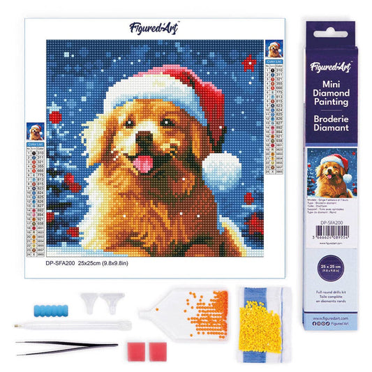 Kit de ponto diamante Figured'Art "Cão Brincalhão no Natal" 25×25 cm