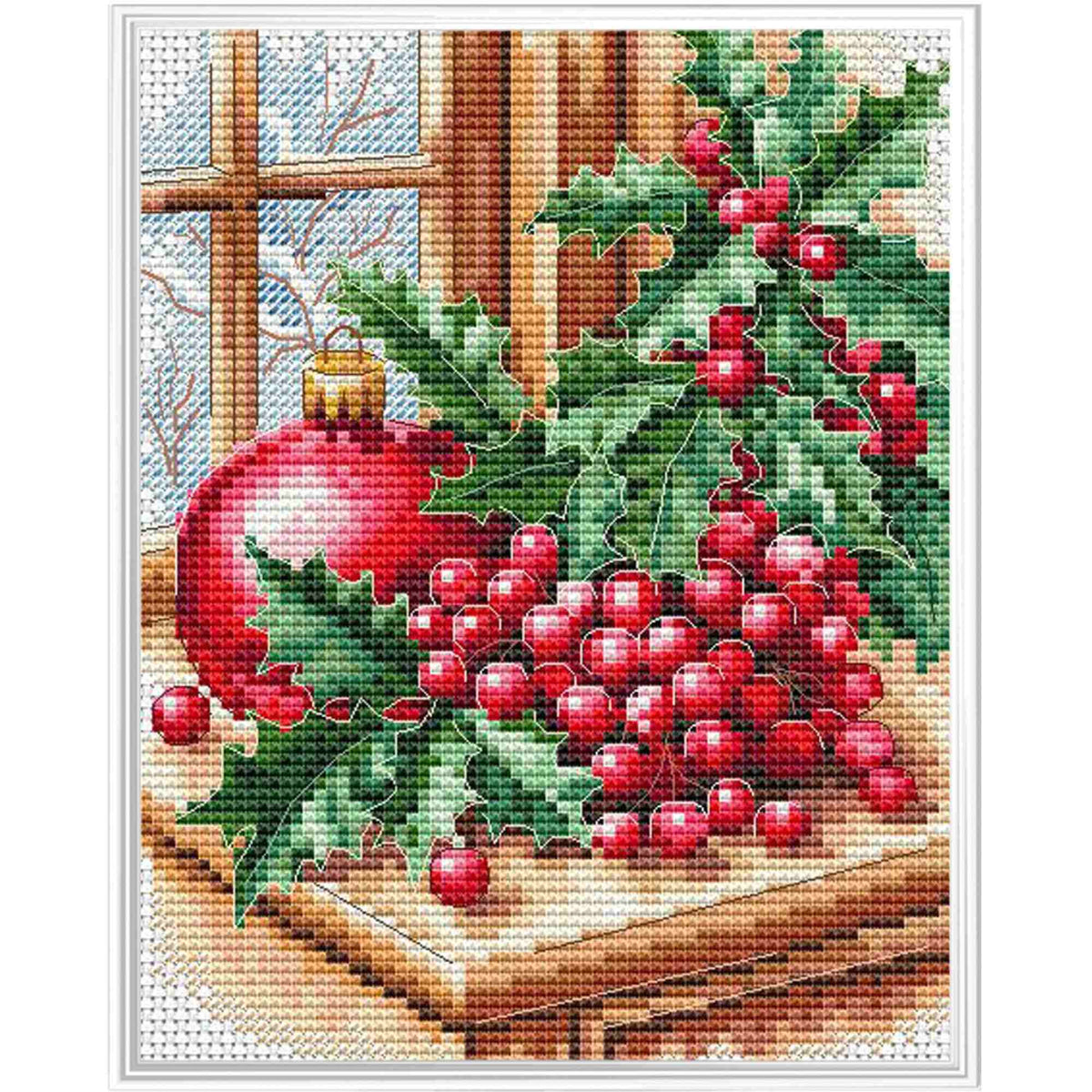 Kit de punto de cruz Collection D'Art Acebo de Navidad con bola roja y bayas entre hojas de acebo verdes