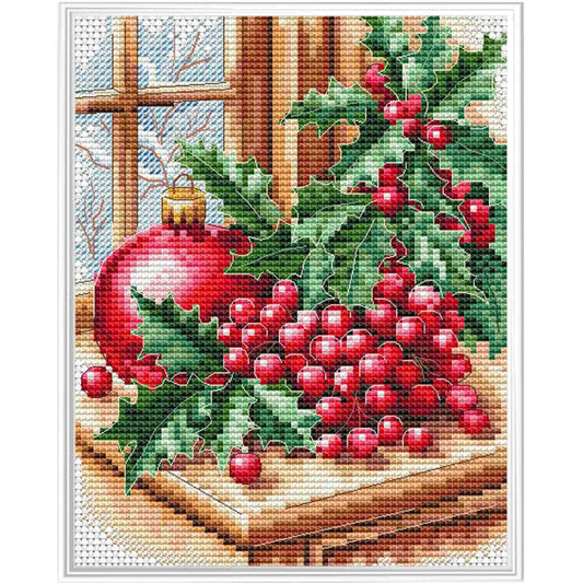 Kit de punto de cruz Collection D'Art Acebo de Navidad con bola roja y bayas entre hojas de acebo verdes