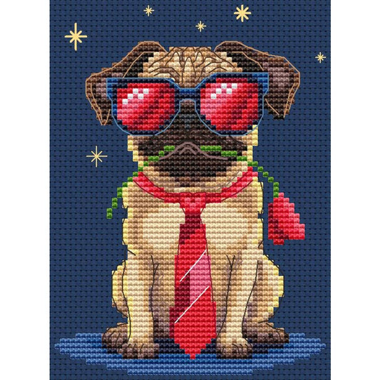 Kit de punto de cruz Collection D'Art Perro Seductor con perro con gafas de sol y corbata. Incluye tela Aida, hilos DMC, aguja e instrucciones.
