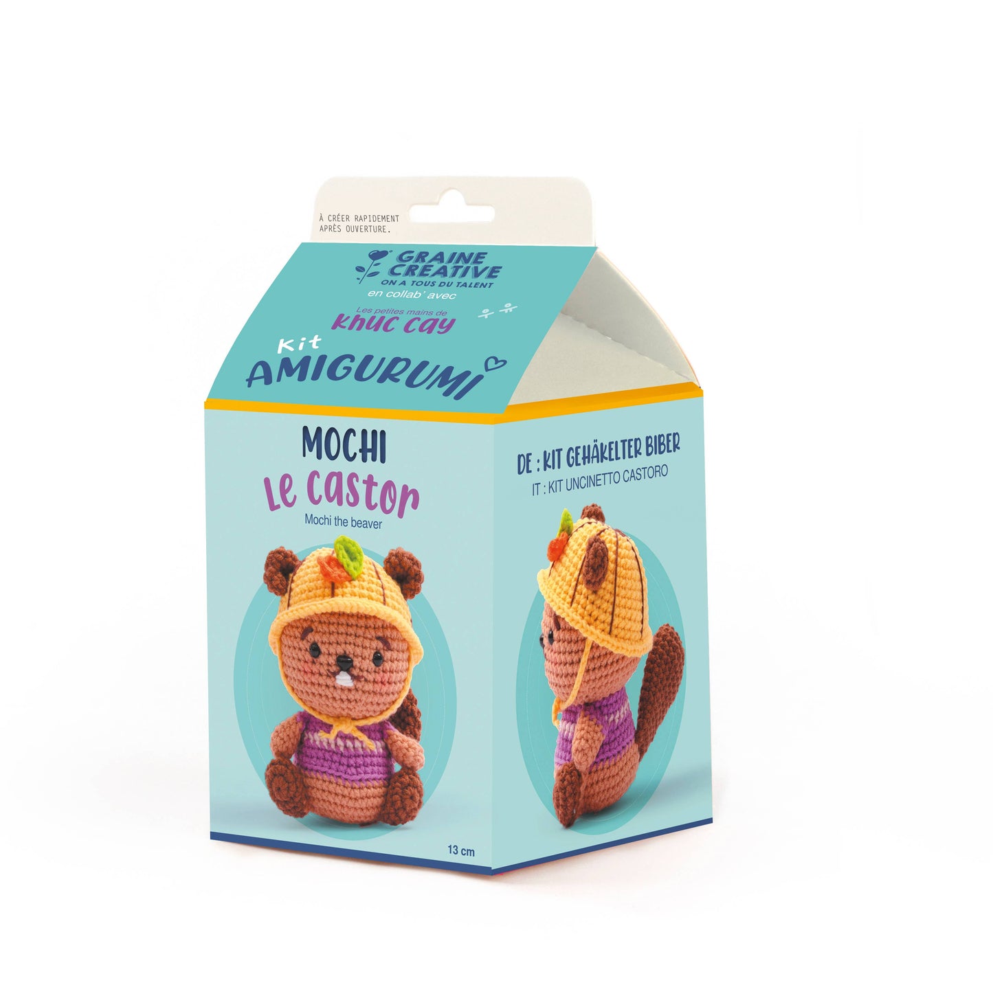 Kit amigurumi Mochi el Castor Graine Créative para crear un muñeco de crochet DIY, ideal para principiantes, manualidades y regalo creativo.