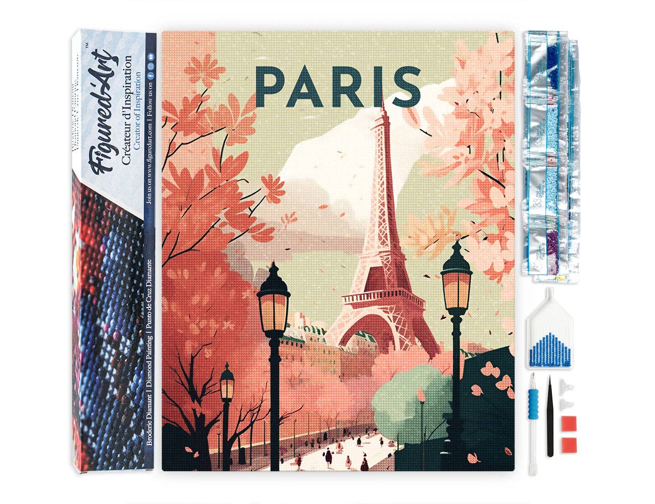 Kit de punto diamante Figured’Art Póster de París 40x50 cm con diamantes cuadrados y lienzo adhesivo completo.