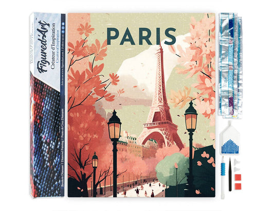 Kit de punto diamante Figured’Art Póster de París 40x50 cm con diamantes cuadrados y lienzo adhesivo completo.