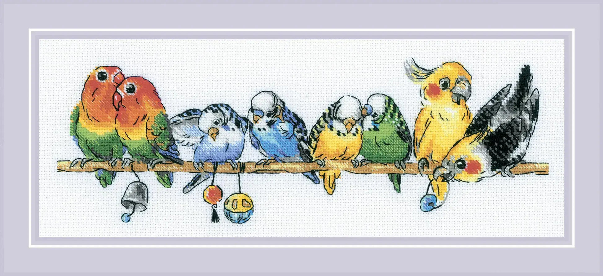 Kit de punto de cruz RIOLIS Loros con aves de colores posadas en una rama bordado sobre tela Aida blanca Zweigart 14 ct de 40x15 cm.