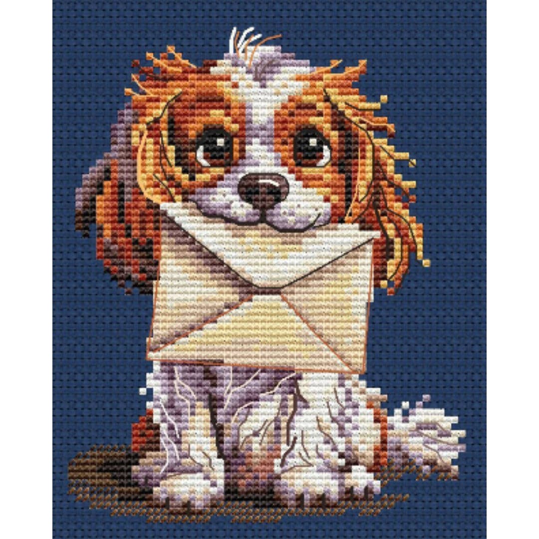 Kit de punto de cruz Collection D'Art "Carta de Perro" con perrito sujetando una carta. Incluye tela Aida, hilos DMC, aguja e instrucciones.