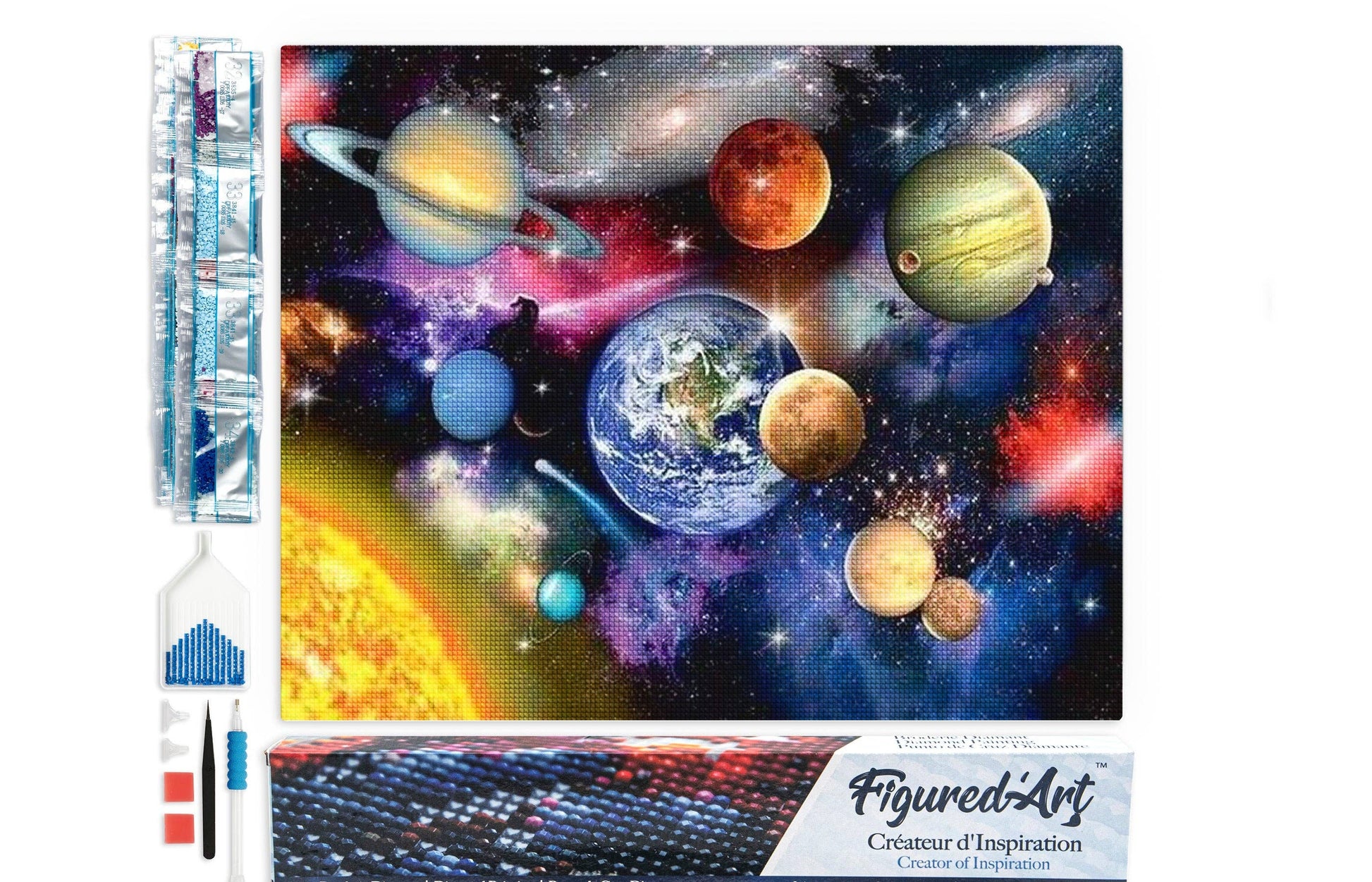 Kit de punto diamante Figured’Art Planetas 40x50 cm con diseño del sistema solar y lienzo adhesivo completo.