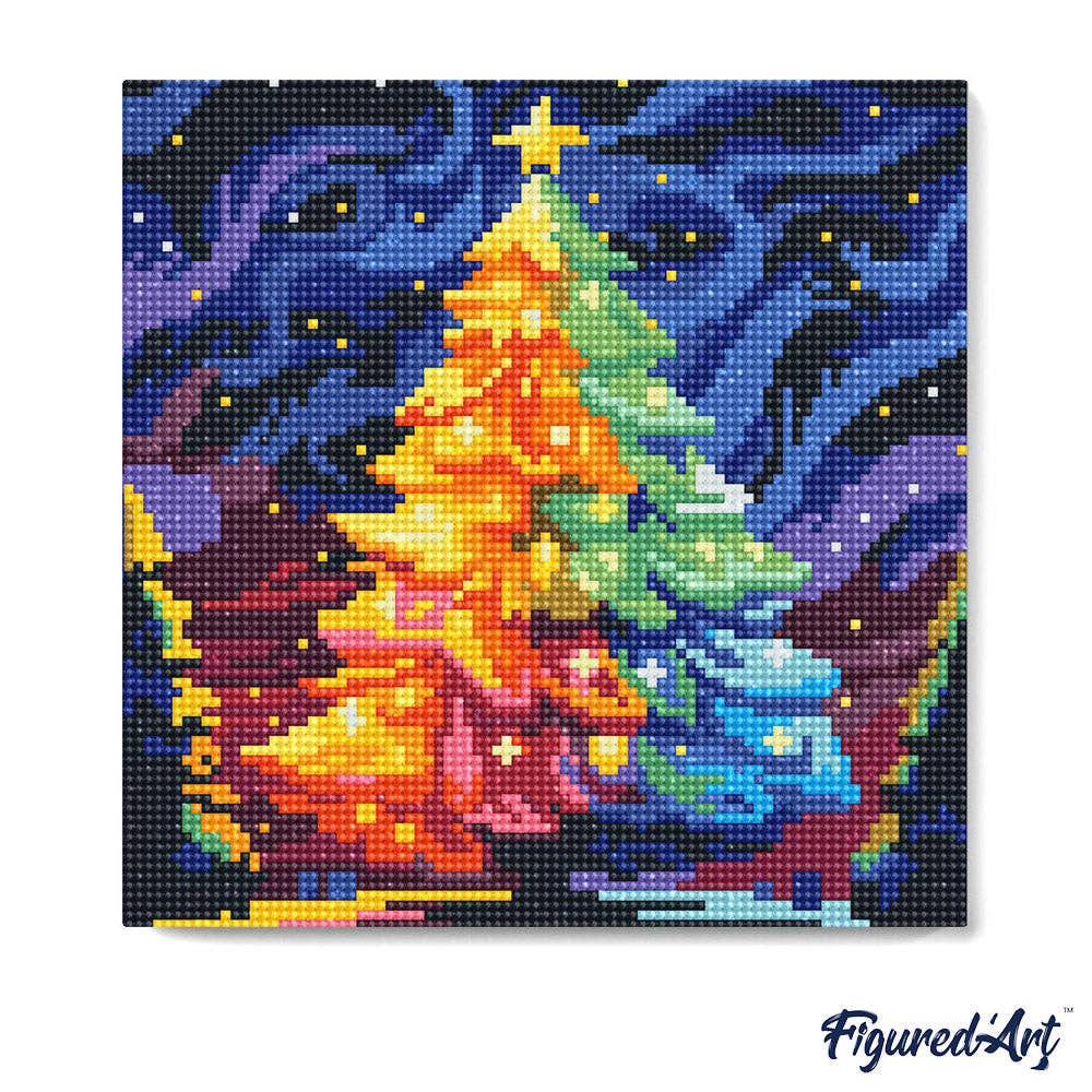 Kit de punto diamante Figured’Art Árbol de Navidad Colorido 25x25 cm con diseño navideño multicolor y diamantes redondos.