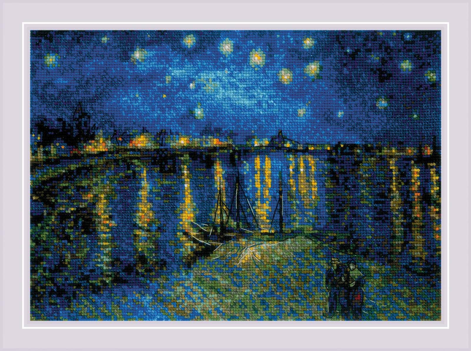 Kit de punto de cruz RIOLIS Noche Estrellada sobre el Ródano de Van Gogh con reflejos del cielo estrellado sobre el río en tela Aida blanca.
