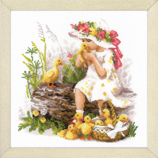 Kit de punto de cruz Riolis Niña con Patitos, diseño adorable de niña con patitos amarillos en tronco, incluye tela Aida, hilos de algodón y aguja.