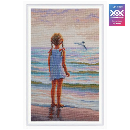 Kit de punto de cruz RTO "Niña y el Mar ¿Dónde están los delfines?" con niña mirando el mar. Incluye tela Zweigart, hilos DMC, aguja e instrucciones.