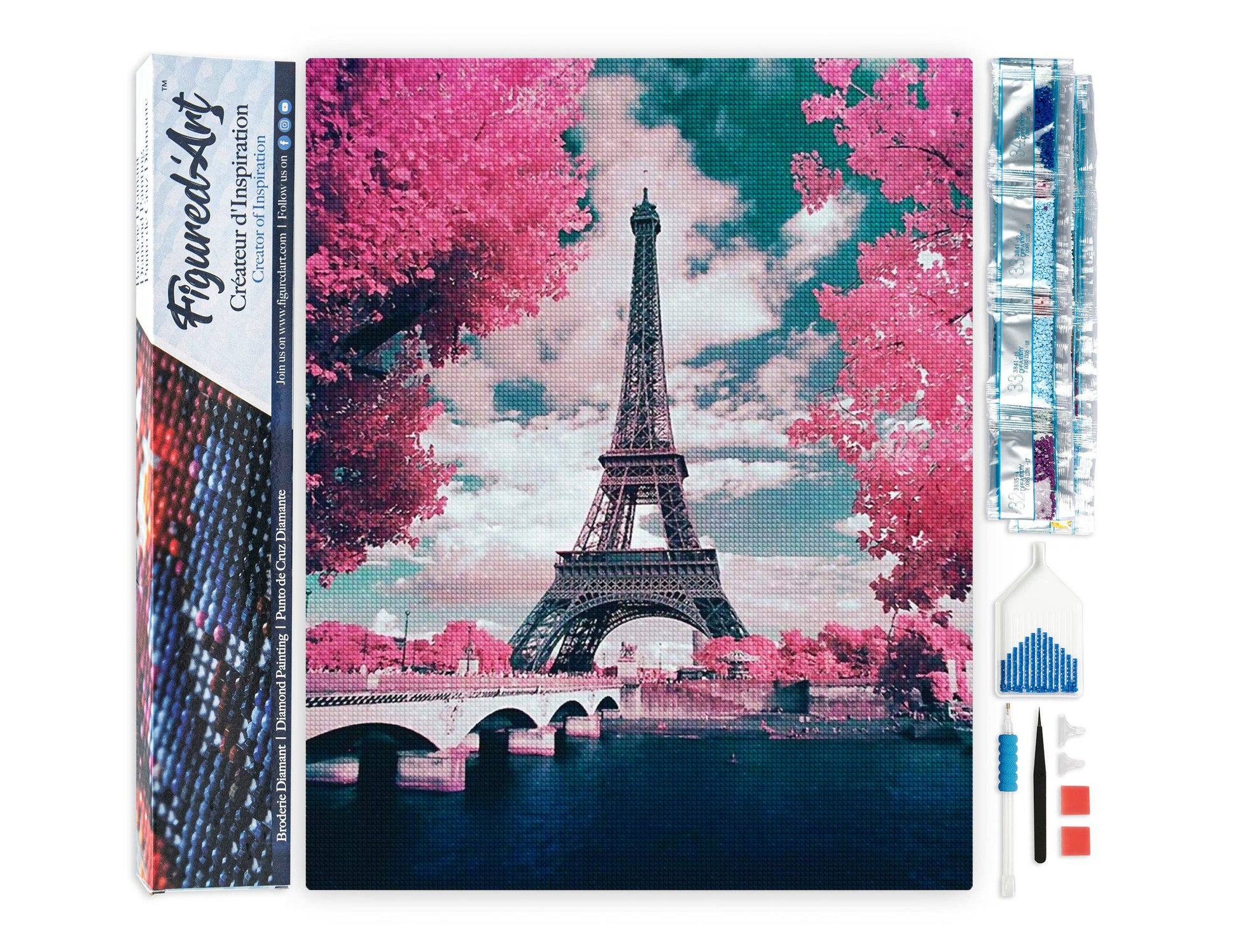 Kit de punto diamante Figured’Art Torre Eiffel en Flor 40x50 cm con diamantes cuadrados y lienzo completo adhesivo.