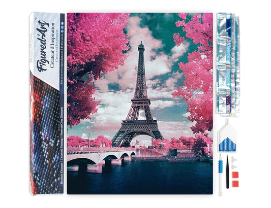 Kit de punto diamante Figured’Art Torre Eiffel en Flor 40x50 cm con diamantes cuadrados y lienzo completo adhesivo.