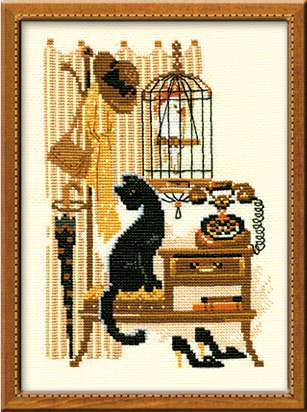 Kit de punto de cruz RIOLIS Gato con Teléfono diseño vintage con gato negro y teléfono antiguo, incluye tela Aida 14 ct, hilos, aguja e instrucciones.

