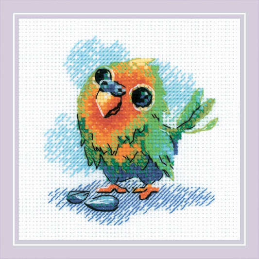 Kit de punto de cruz Riolis Pequeño Loro, diseño infantil de lorito colorido, incluye tela Aida, hilos de algodón y aguja, ideal como primer proyecto para niños.