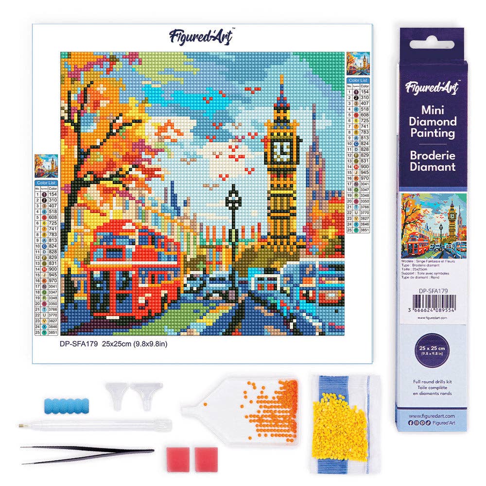 Kit de punto diamante Figured’Art Otoño en Londres 25x25 cm con escena urbana otoñal y diamantes redondos.