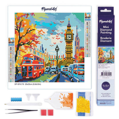 Kit de punto diamante Figured’Art Otoño en Londres 25x25 cm con escena urbana otoñal y diamantes redondos.