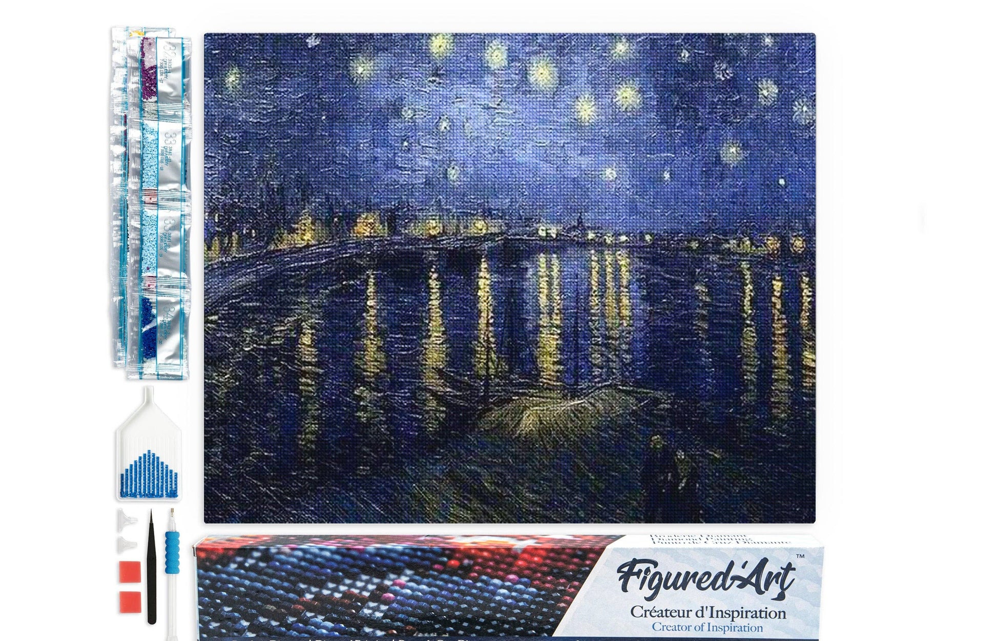 Kit de punto diamante Figured’Art Van Gogh Noche estrellada sobre el Ródano 40x50 cm con diamantes cuadrados y lienzo completo.