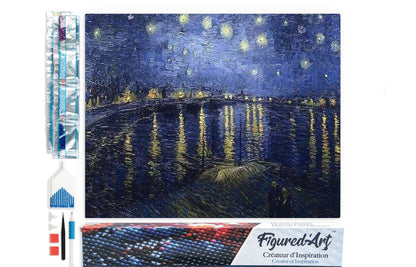 Kit de punto diamante Figured’Art Van Gogh Noche estrellada sobre el Ródano 40x50 cm con diamantes cuadrados y lienzo completo.