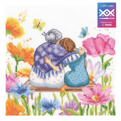 Kit de punto de cruz RTO "Abuela Día de la Madre" con abuela y nieta abrazadas en un jardín floral. Incluye tela Zweigart, hilos DMC, aguja e instrucciones.