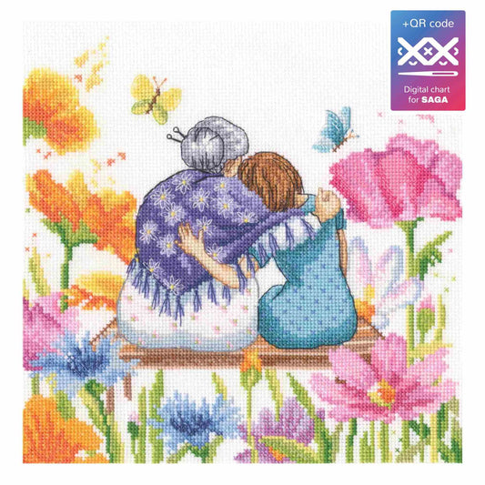 Kit de punto de cruz RTO "Abuela Día de la Madre" con abuela y nieta abrazadas en un jardín floral. Incluye tela Zweigart, hilos DMC, aguja e instrucciones.