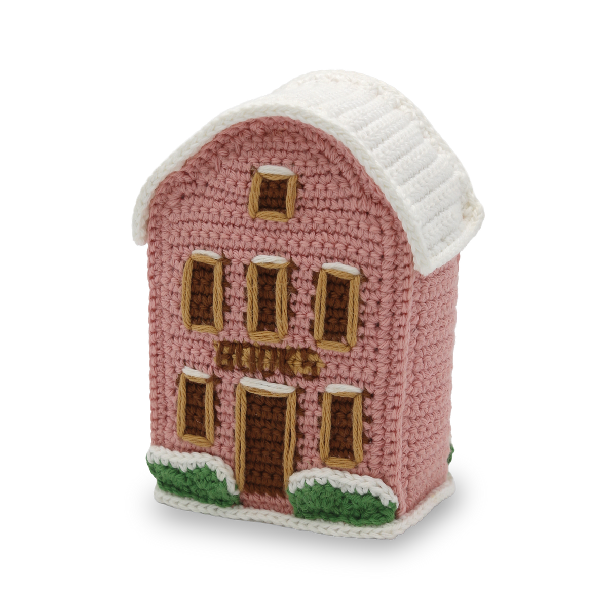 Kit de ganchillo Hardicraft Librería del Pueblo Navideño, edificio rosa de crochet con tejado nevado