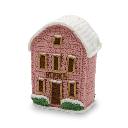 Kit de ganchillo Hardicraft Librería del Pueblo Navideño, edificio rosa de crochet con tejado nevado