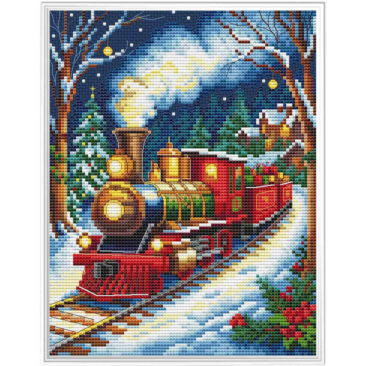 Kit de punto de cruz Collection D'Art Tren de Navidad, locomotora de vapor roja en un bosque nevado de noche