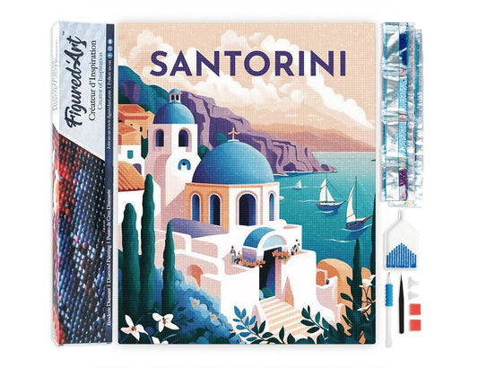 Kit de punto diamante Figured’Art Póster de Santorini 40x50 cm con diamantes cuadrados y lienzo adhesivo completo.