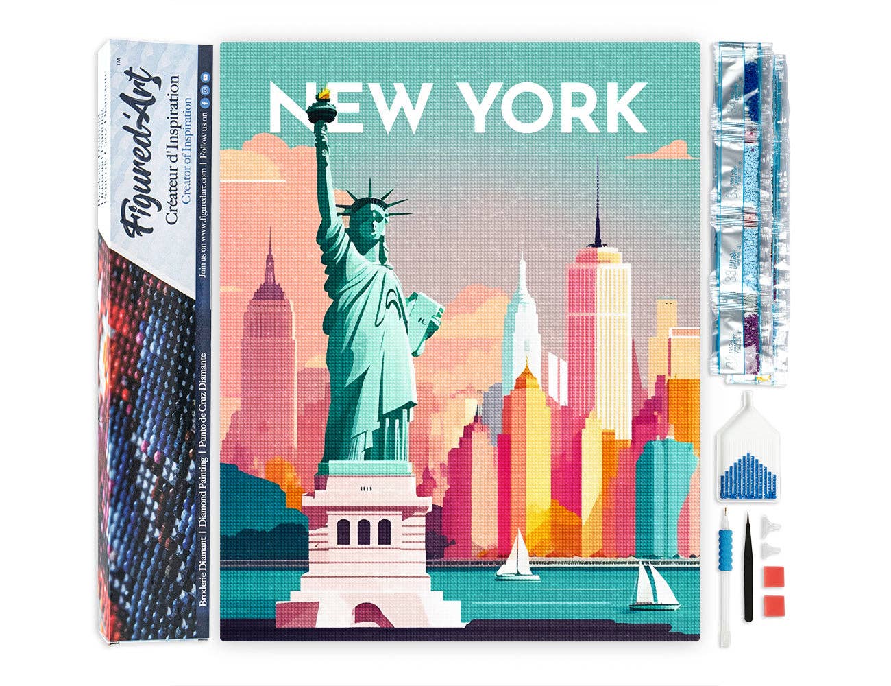 Kit de punto diamante Figured’Art Póster de Nueva York 40x50 cm con Estatua de la Libertad y skyline urbano.