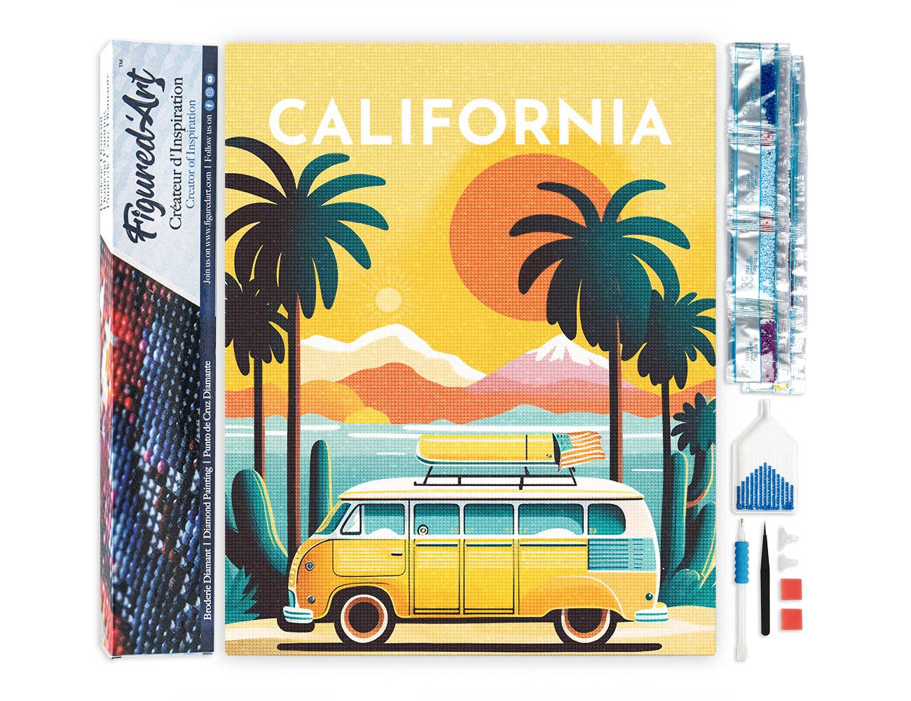 Kit de punto diamante Figured’Art Póster de California 40x50 cm con diamantes cuadrados y lienzo adhesivo completo.