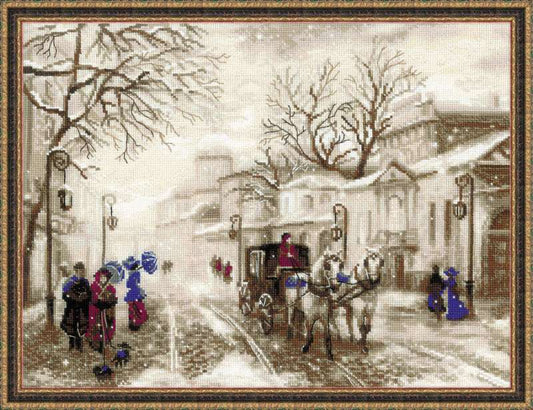 Kit de punto de cruz Riolis Old Street, diseño de calle vintage en sepia con personas en colores rojo, azul y negro, incluye tela Aida, hilos de algodón y aguja.