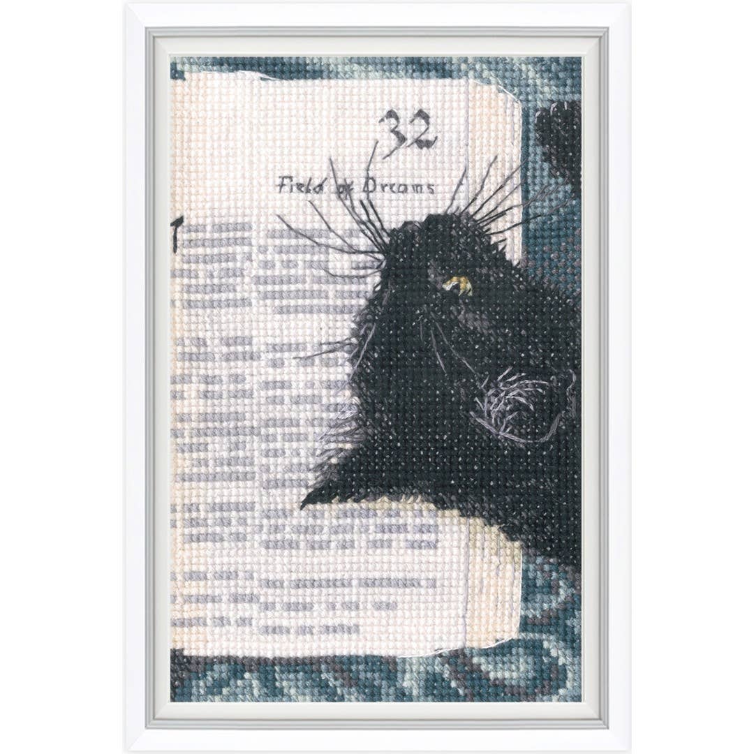 Kit de punto de cruz RTO "Silencio en la Biblioteca" con gato negro entre libros. Incluye tela, hilos DMC, aguja e instrucciones.