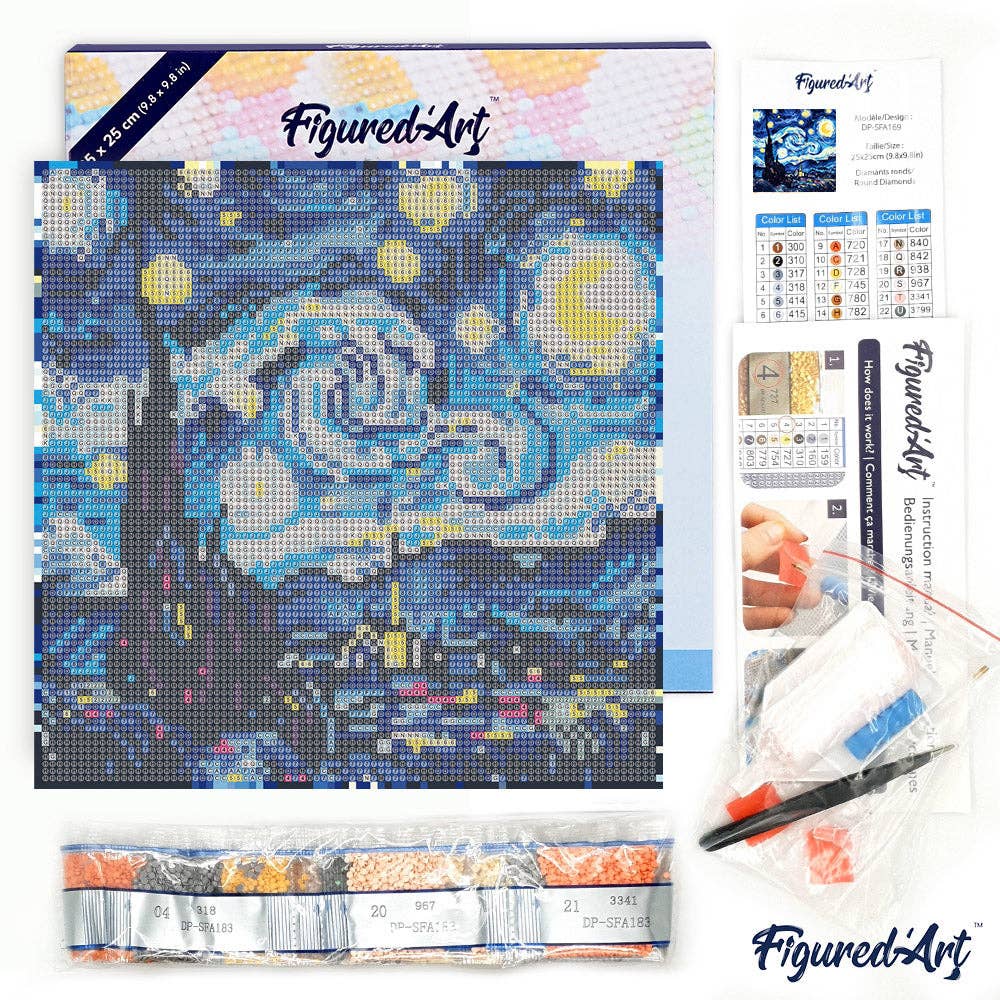Kit de Punto Diamante Figured’Art "La Noche Estrellada de Van Gogh" (Lienzo con Bastidor 25×25 cm)