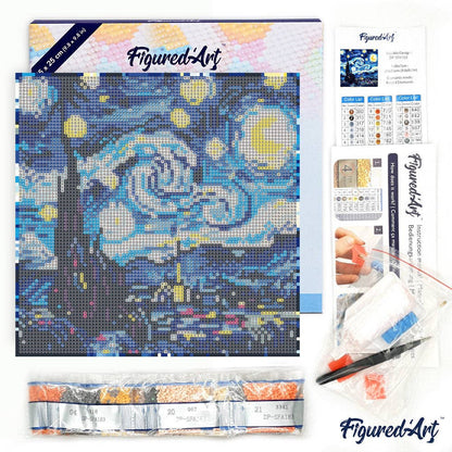 Kit de Punto Diamante Figured’Art "La Noche Estrellada de Van Gogh" (Lienzo con Bastidor 25×25 cm)