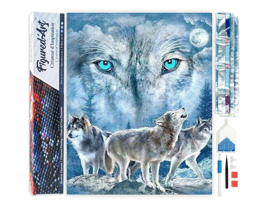 Kit de punto diamante Figured’Art Manada de Lobos 40x50 cm con lobos y paisaje nocturno en diamantes cuadrados.