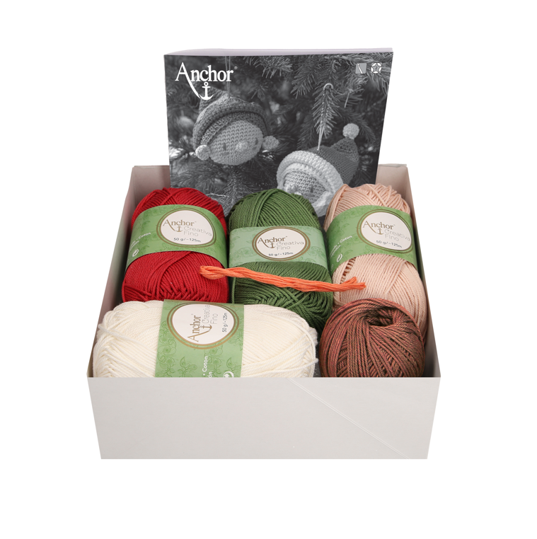 Caja con ovillos Kit de crochet de cabeza de Papa Noel - Santa y elfo para decorar árbol de navidad de Anchor