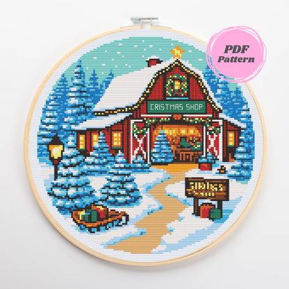 Patrón de punto de cruz del taller de santa con estilo establo rojo americano en medio de un bosque nevado