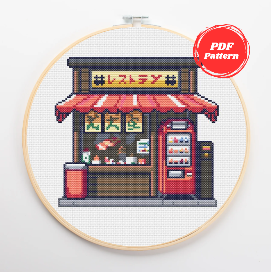 Patrón de punto de cruz de una restaurante japonés de sushi estilo retro