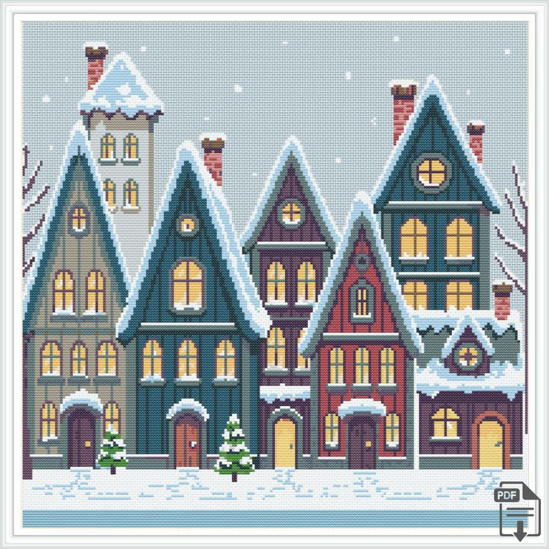 Patrón de punto de cruz de un poblado nevado acogedor con formas simétricas 