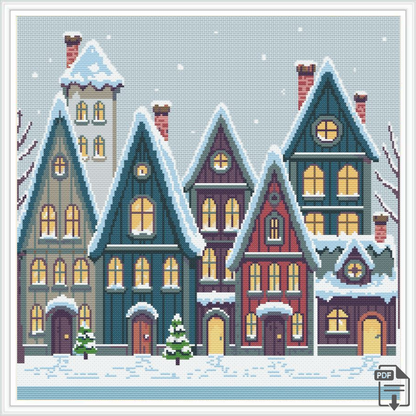 Patrón de punto de cruz de un poblado nevado acogedor con formas simétricas 