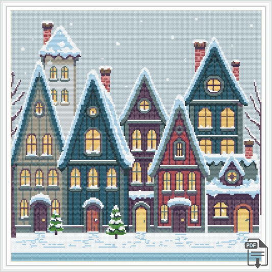 Patrón de punto de cruz de un poblado nevado acogedor con formas simétricas 