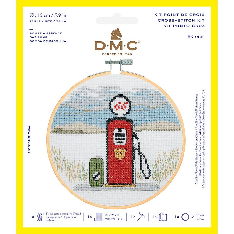 Información kit de punto de cruz DMC con bastidor y diseño retro de bomba de gasolina estilo americano - BK1985
