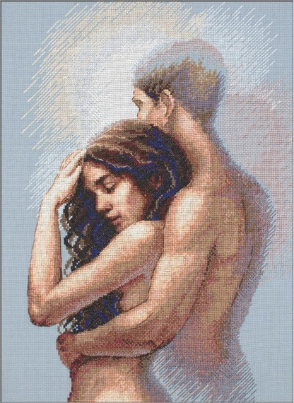 Kit de punto de cruz Aine Juntos con pareja abrazada en diseño artístico bordado sobre tela Aida azul Zweigart con hilos Anchor de 23 colores.