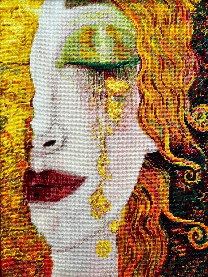 Kit de punto de cruz Riolis Lágrimas Doradas de Klimt 2314 con rostro femenino y fondo dorado modernista