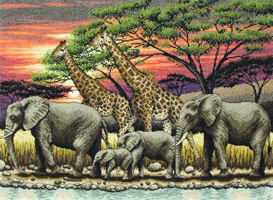 Bordado en punto de cruz de elefantes y jirafas en el atardecer de la sabana africana