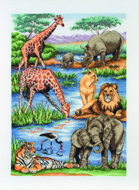 Bordado en punto de cruz de jirafas, rinocerontes, tigres, leones, elefantes y aves junto a un lago en la sabana africana