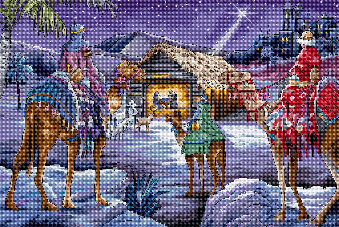 Kit de punto de cruz Letistitch con una escena del portal de Belén mostrando a los tres reyes magos de Oriente dirigiéndose hacia la casa del niño Jesús.