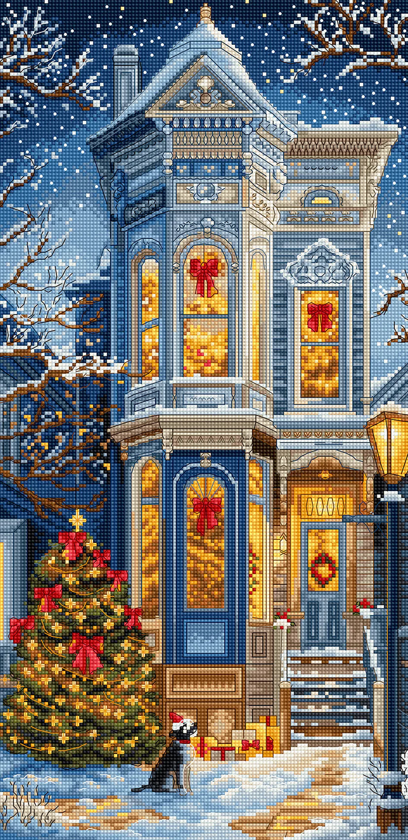 Kit de punto de cruz Letistitch Navidad Victoriana con diseño de casa victoriana iluminada, árbol de Navidad y perro con gorro bajo la nieve.